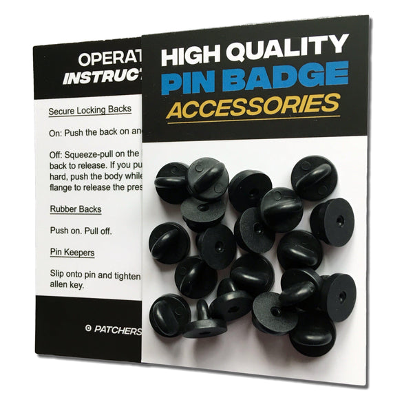 25 Black PVC Rubber Pin Backs - PATCHERS Pin Badge