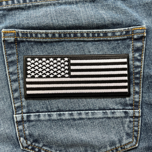 5" x 2" American US Flag Black & White Patch - PATCHERS Iron on Patch