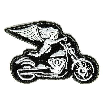 Biker Angel On Motorcycle White Patch - PATCHERS Iron on Patch