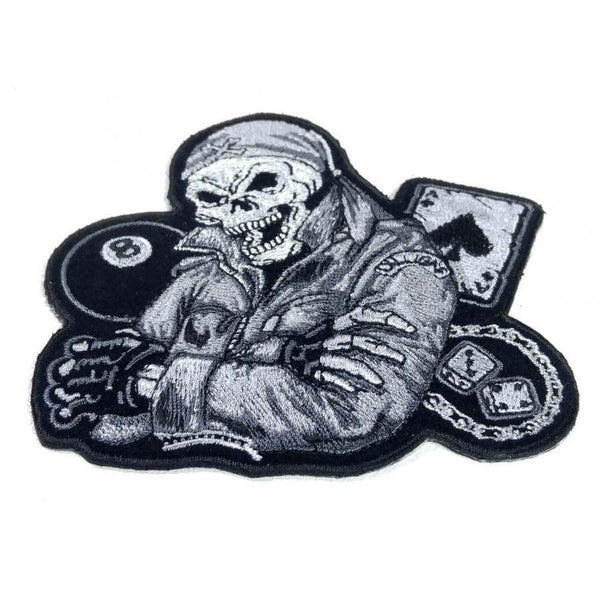 Biker Guy Skull 8 Ball Ace Dice in Grey Patch - PATCHERS Iron on Patch