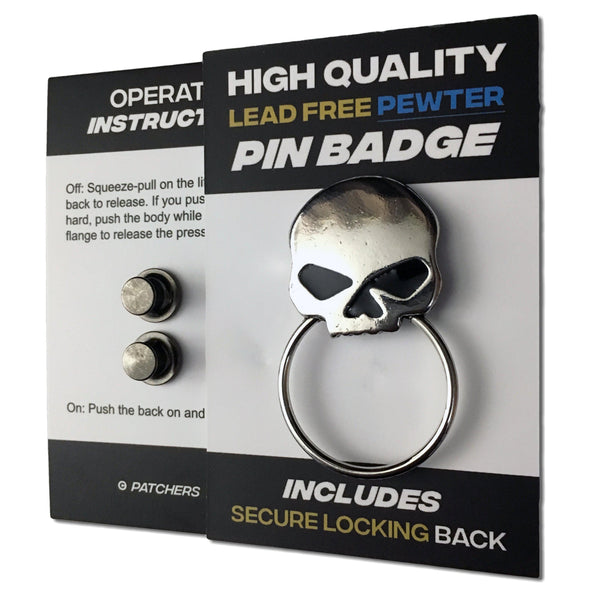 Half Skull Black Eyes Pewter Pin Badge with Glasses Holder - PATCHERS Pin Badge
