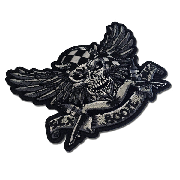 Sex Booze Drugs Chequered Skull & Wings Patch - PATCHERS Iron on Patch