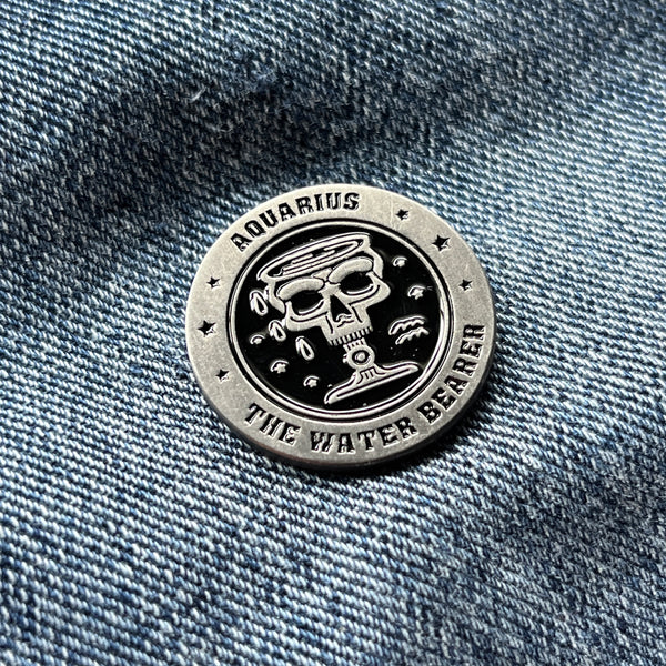 Aquarius Skull Zodiac Sign Pin Badge - PATCHERS Pin Badge