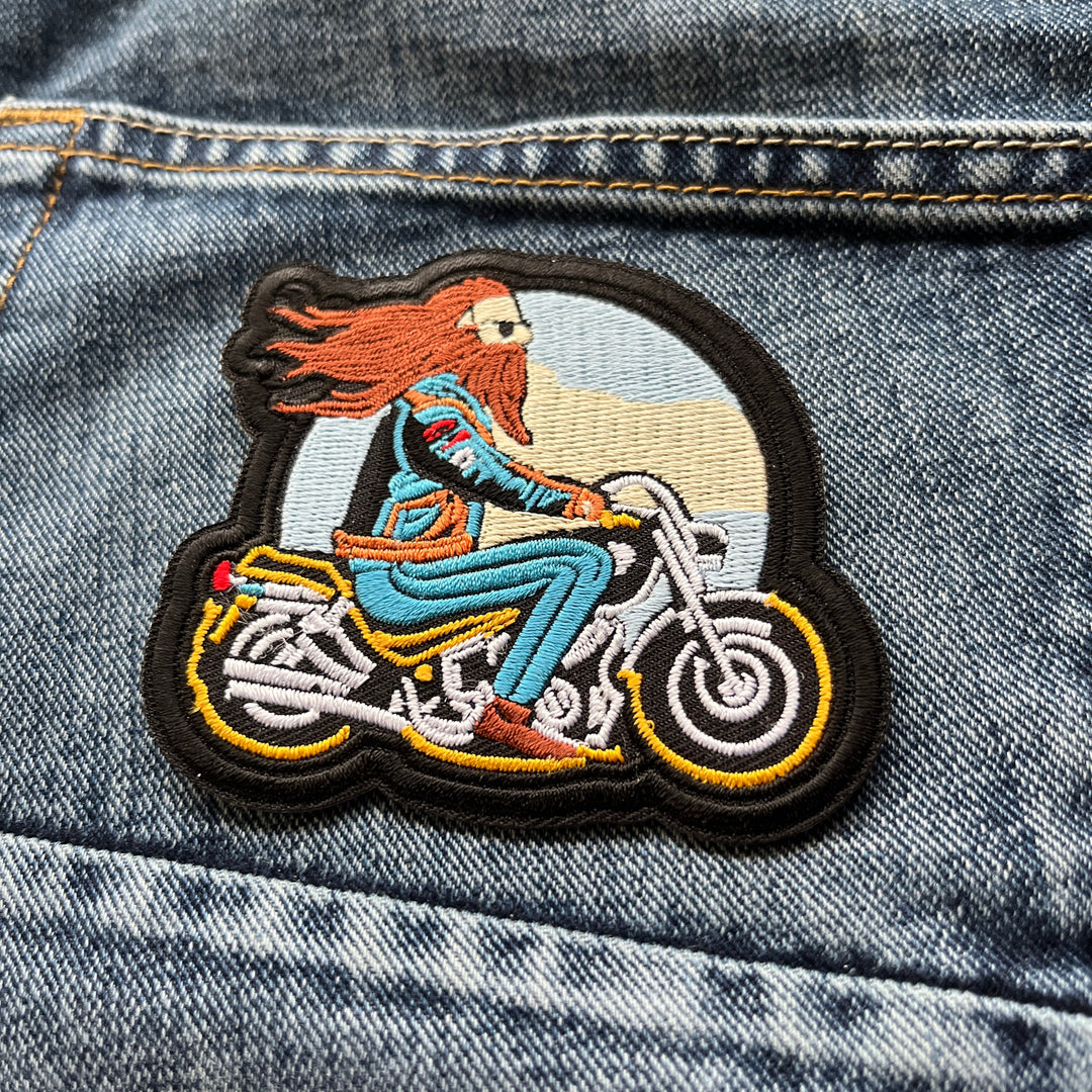 Embroidered Bearded Biker on Motorcycle Iron on Sew on Patch – PATCHERS