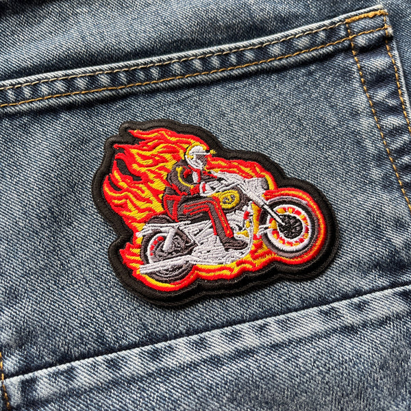 Biker Riding Through Flames Patch - PATCHERS Iron on Patch