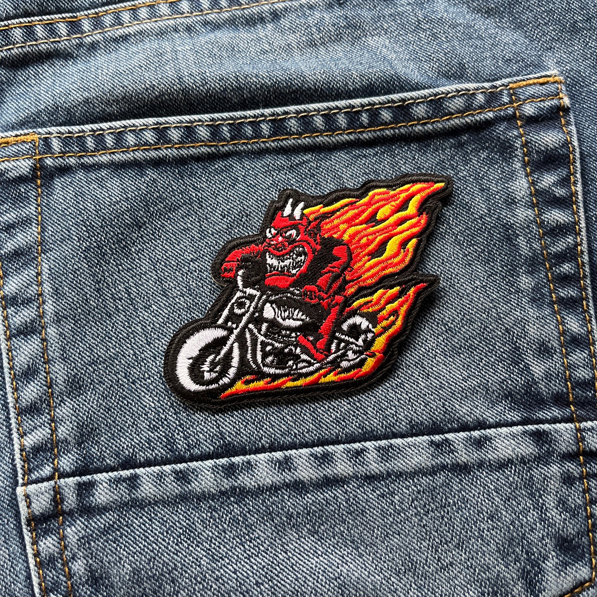 Embroidered Devil on Motorcycle with Flames Iron on Sew on Patch – PATCHERS