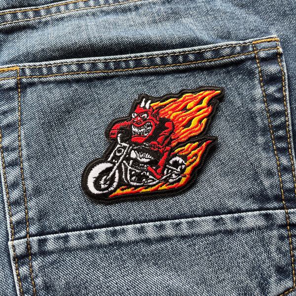 Devil on Motorcycle with Flames Patch - PATCHERS Iron on Patch