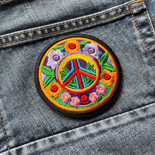 Flowers and Peace Sign Round Patch - PATCHERS Iron on Patch