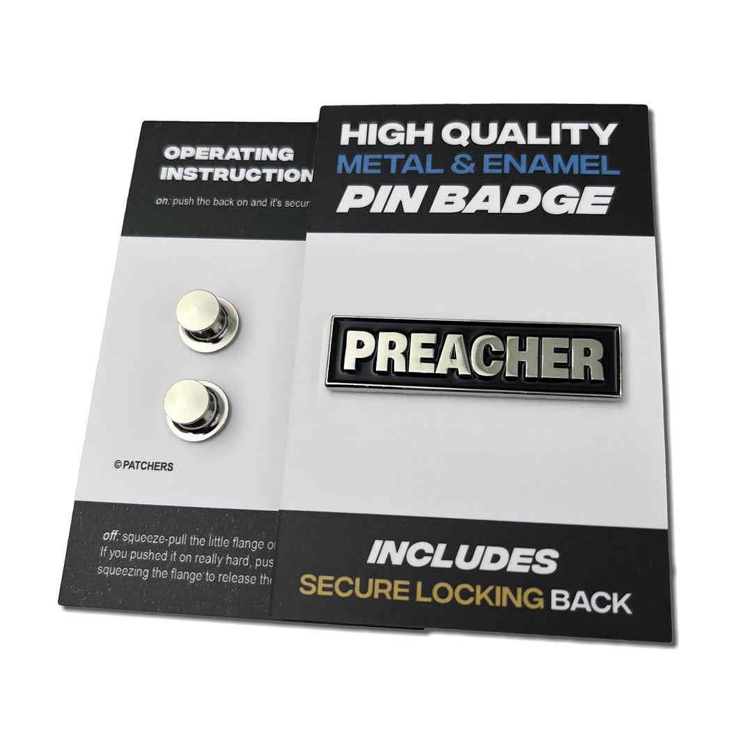 Metal & Black Enamel Preacher Pin Badge with Secure Locking Backs ...