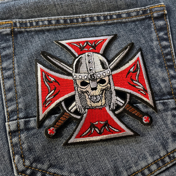 Red Maltese Cross Skull Knight Patch - PATCHERS Iron on Patch