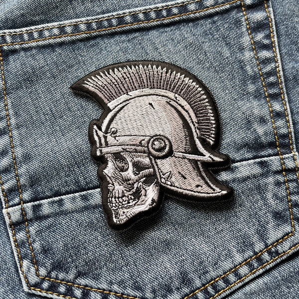 Roman Skull Soldier Helmet Black Grey Patch - PATCHERS Iron on Patch