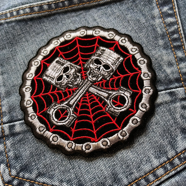 Spider Web Piston Skull Patch - PATCHERS Iron on Patch