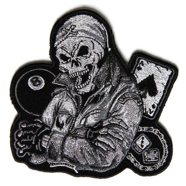 Biker Guy Skull 8 Ball Ace Dice in Grey Patch - PATCHERS Iron on Patch