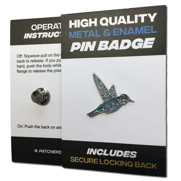 Blue Hummingbird Glitter Pin Badge - PATCHERS Pin Badge