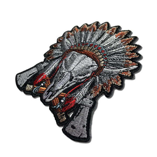Buffalo Skull Indian Head Dress Axes Patch - PATCHERS Iron on Patch