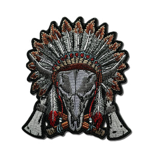 Buffalo Skull Indian Head Dress Axes Patch - PATCHERS Iron on Patch