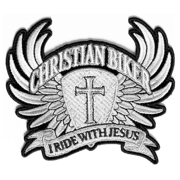 Christian Biker I Ride With Jesus In Silver Grey Patch - PATCHERS Iron on Patch