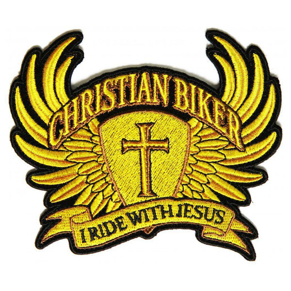 Christian Biker I Ride With Jesus In Yellow Brown Patch - PATCHERS Iron on Patch