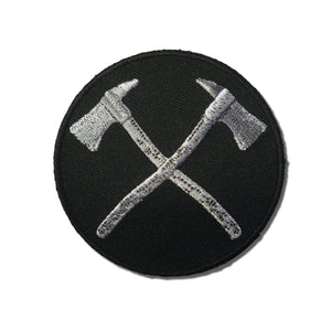 Crossed Firefighter Axes In Grey & Silver Patch - PATCHERS Iron on Patch