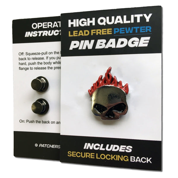 Flaming Skull Pewter Pin Badge - PATCHERS Pin Badge