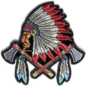 Indian with Battle Axes & Feathers Patch - PATCHERS Iron on Patch