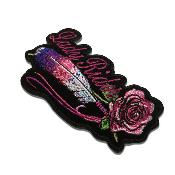 Lady Rider Pink Purple Rose and Feather Horizontal Patch - PATCHERS Iron on Patch
