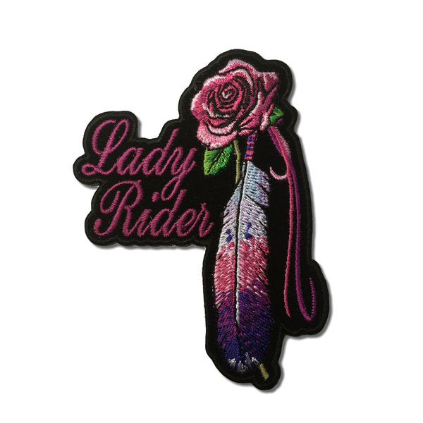 Lady Rider Pink Purple Rose and Feather Vertical Patch - PATCHERS Iron on Patch