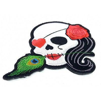 Lady Sugar Skull Pink Rose Feather Patch - PATCHERS Iron on Patch