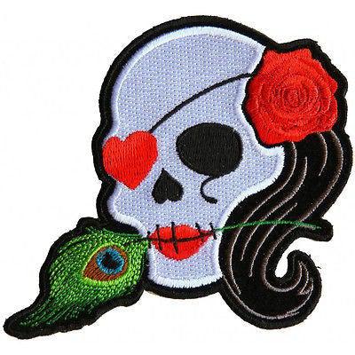 Lady Sugar Skull Pink Rose Feather Patch - PATCHERS Iron on Patch
