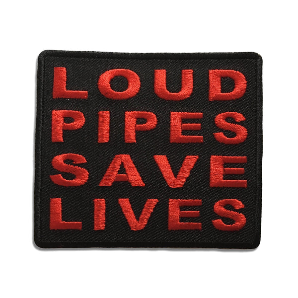 Loud Pipes Save Lives in Red on Black Patch - PATCHERS Iron on Patch