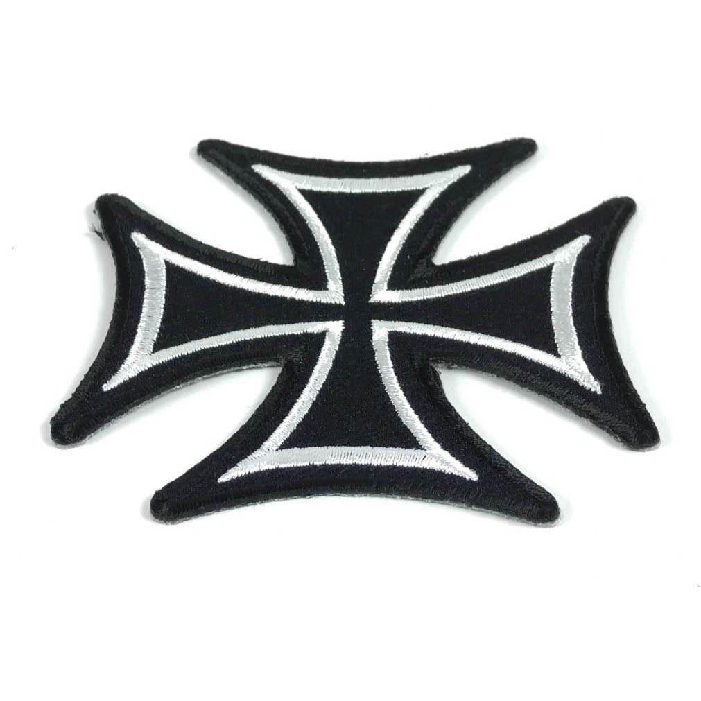 maltese cross embroidered patch: 2, silver-grey on black