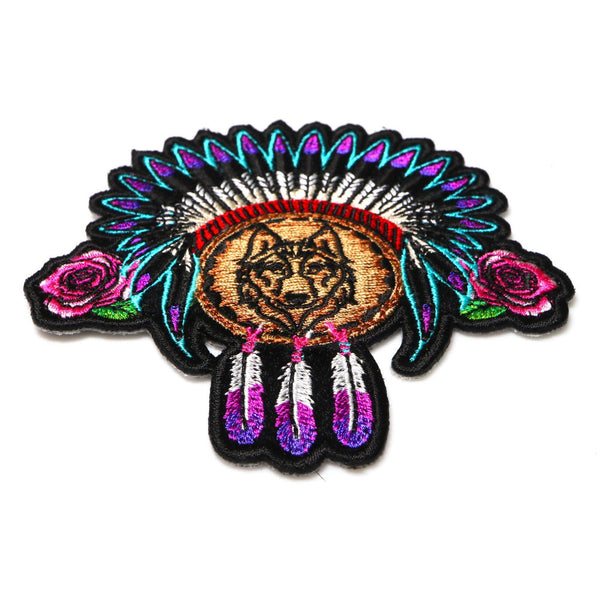 Native Head Dress Roses and Wolf Patch - PATCHERS Iron on Patch