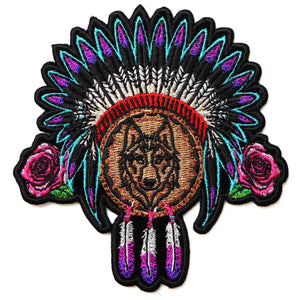 Native Head Dress Roses and Wolf Patch - PATCHERS Iron on Patch