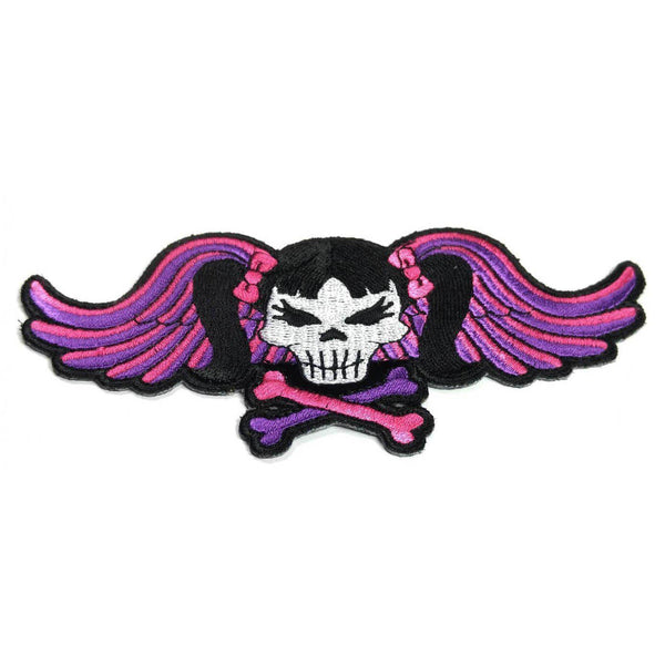 Pigtails Bow Skull and Wings Pink Patch - PATCHERS Iron on Patch