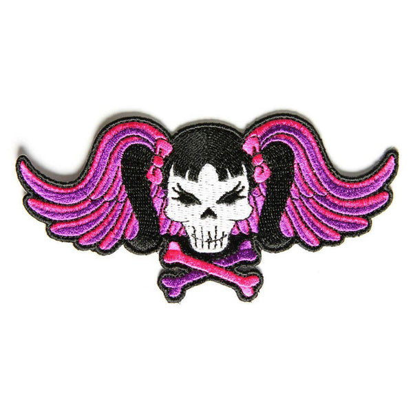 Pigtails Bow Skull and Wings Pink Patch - PATCHERS Iron on Patch