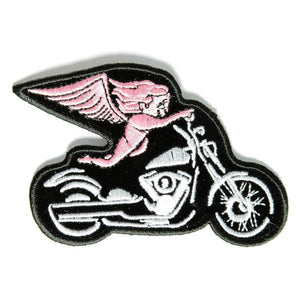 Pink Biker Angel On Motorcycle Patch - PATCHERS Iron on Patch