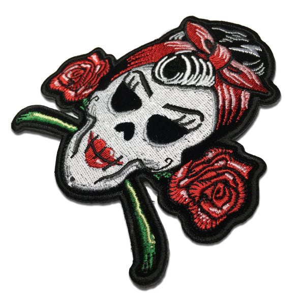 Rockabilly Lady Skull Roses Patch - PATCHERS Iron on Patch