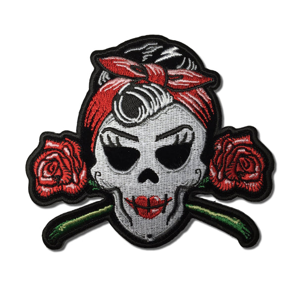 Rockabilly Lady Skull Roses Patch - PATCHERS Iron on Patch
