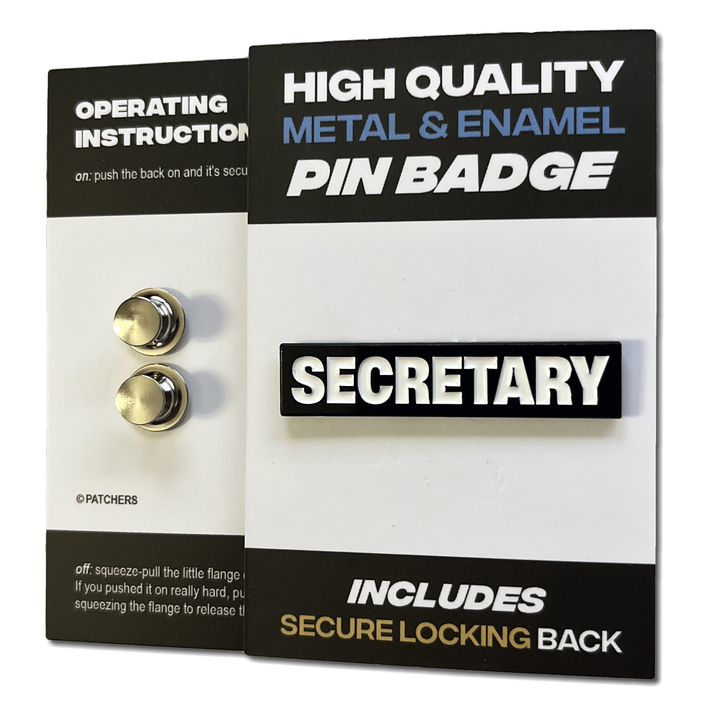 Dyed Black Metal & Enamel Secretary Pin Badge with Locking Backs – PATCHERS