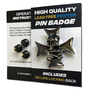 Skull n Crossbones & Chopper Cross Pewter Pin Badge - PATCHERS Pin Badge