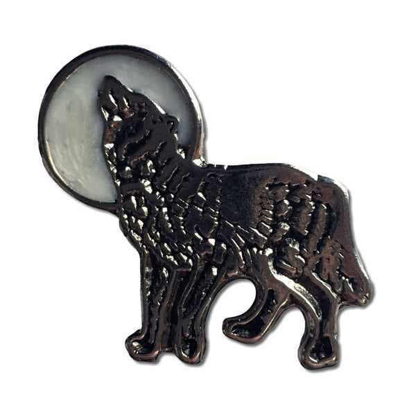 White Moon Howling Wolf Pewter Pin Badge - PATCHERS Pin Badge