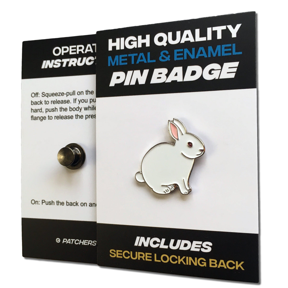 Metal & Enamel White Rabbit Pin Badge with Secure Locking Back – PATCHERS